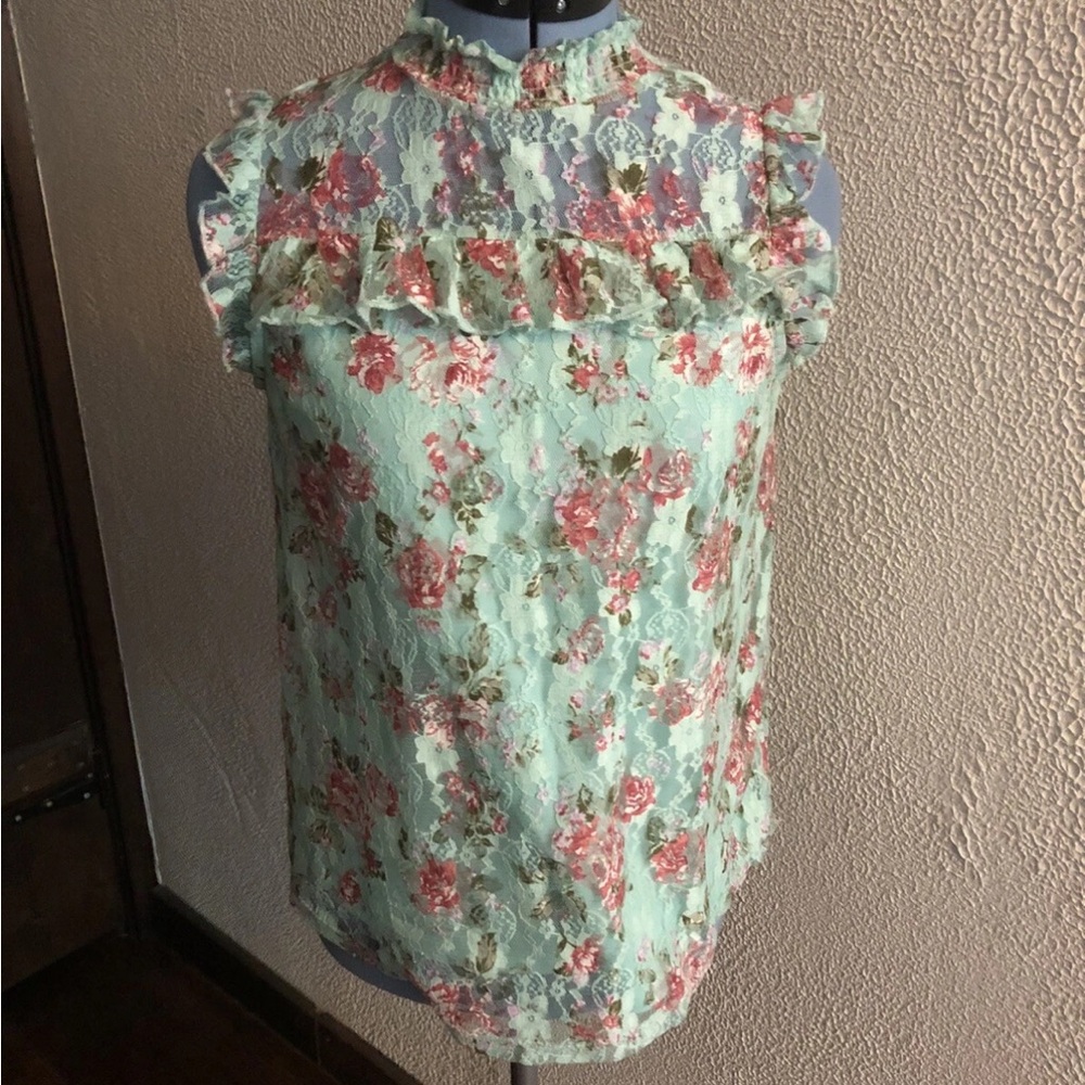 Almost Famous Mint Floral Ruffle Blouse